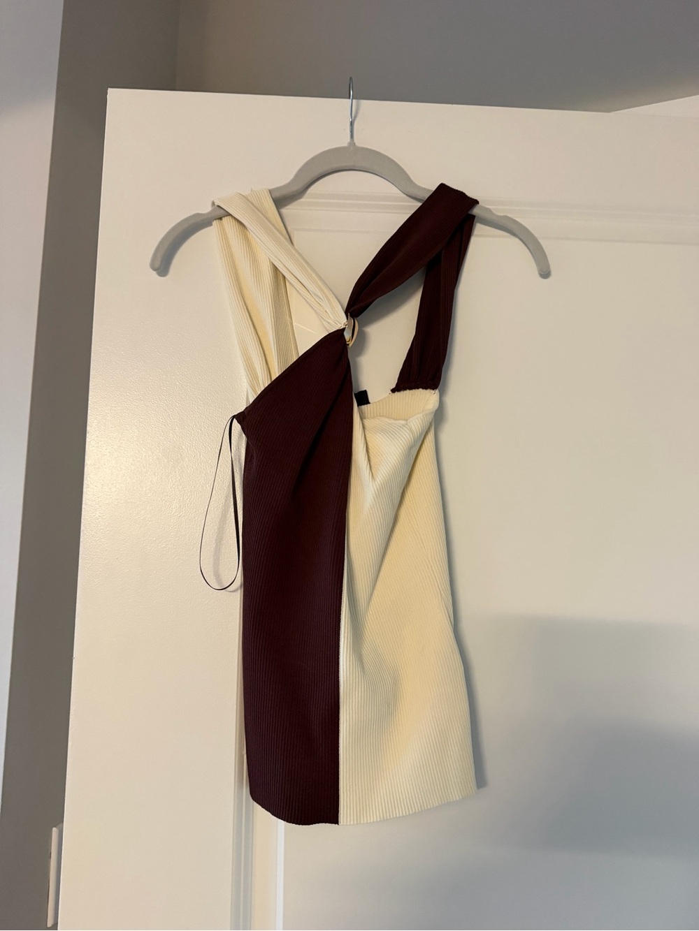 Zara Two-Tone Ivory and Deep Brown Asymmetric Shirt